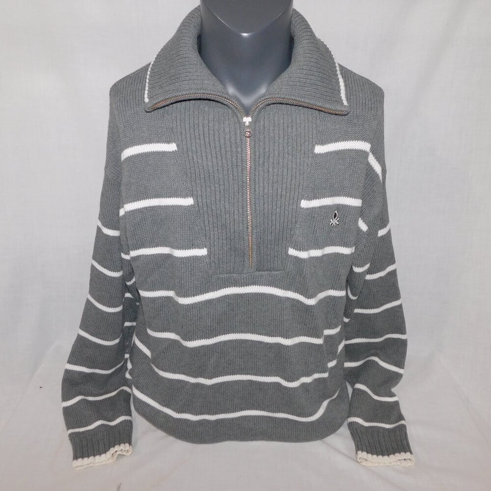 United Colors of Benetton Gray White Striped 1/2 Zip Sweater Womens XL